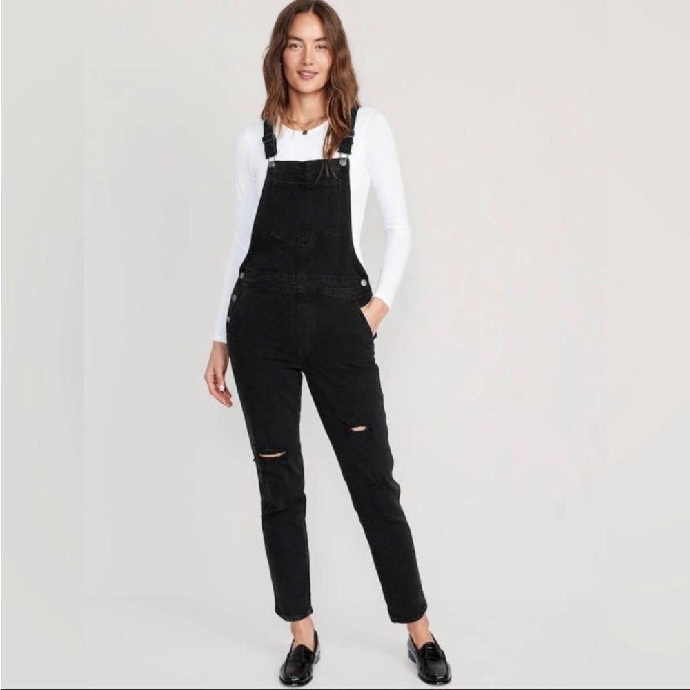 Old Navy Black Denim Distressed Women’s Overalls